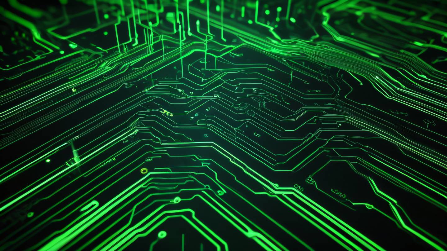 Abstract flowing data streams visualization with bright green circuits on black background captured from bird's eye view featuring geometric patterns and digital elements high-quality ultra-realistic cinematic 8K UHD high resolution sharp and detail