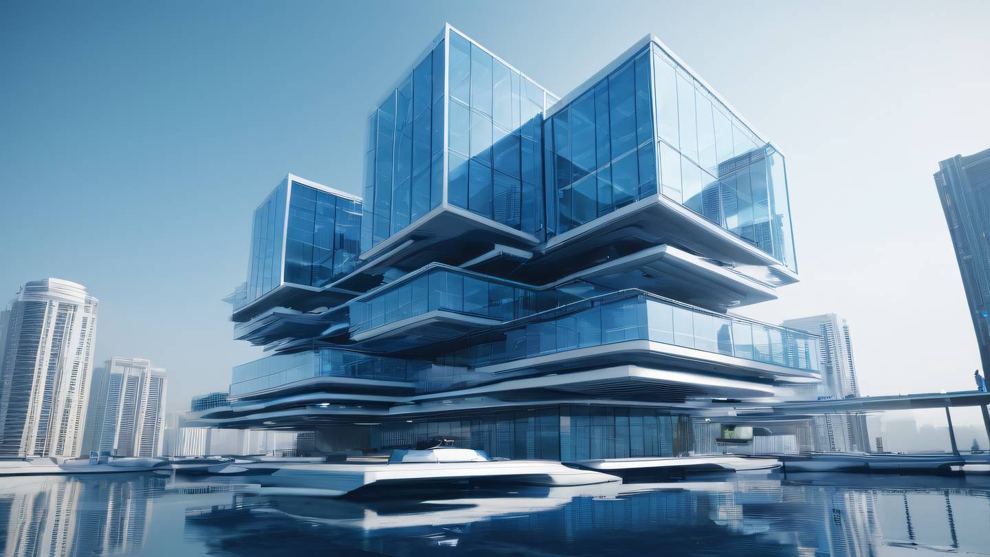 Futuristic geometric building with interconnected glass panels and floating platforms featuring light blue and cobalt color scheme dramatic upward angle shot showcasing architectural complexity high-quality ultra-realistic cinematic 8K UHD high resolution sharp and detail
