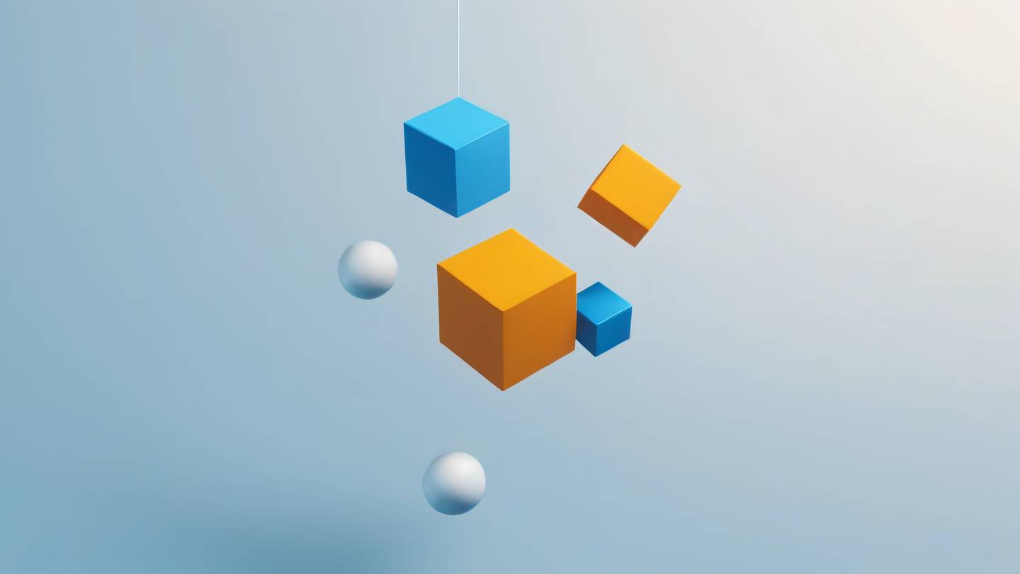 Minimalist geometric composition with floating cubes and spheres yellow orange and blue colors creating dynamic balance shot from slight diagonal angle high-quality ultra-realistic cinematic 8K UHD high resolution sharp and detail