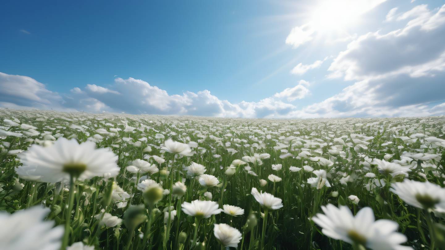 Elegant white flower field stretching to horizon with scattered light rays penetrating through clouds bright blue sky backdrop shot from low angle perspective high-quality ultra-realistic cinematic 8K UHD high resolution sharp and detail