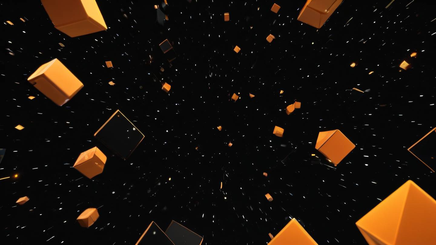 Abstract geometric shapes floating in space representing data validation with bright orange crystalline structures against deep black background viewed from below looking up high-quality ultra-realistic cinematic 8K UHD high resolution sharp and detail