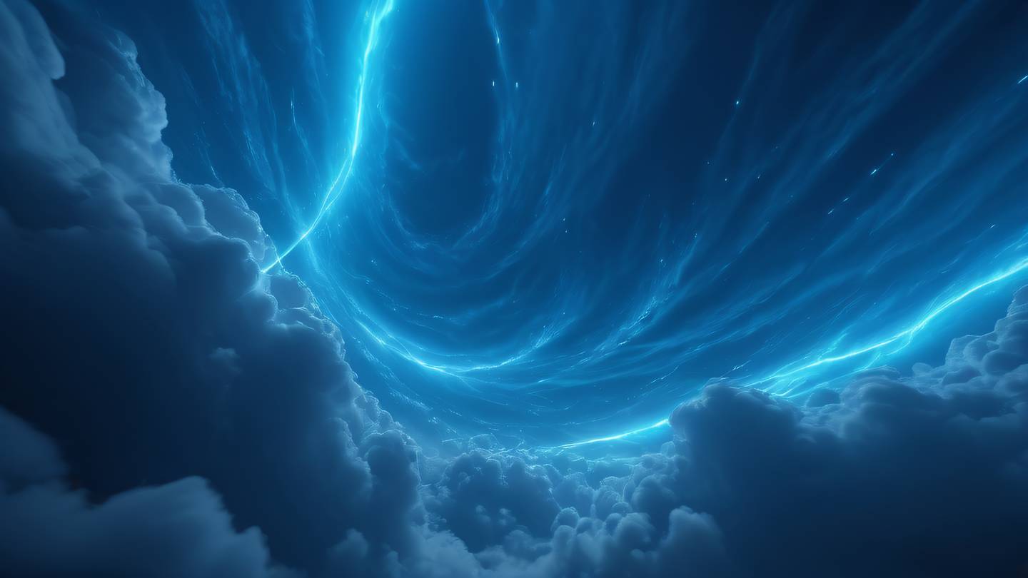 Swirling clouds forming into structured patterns bold neon blue energy streams weaving through them dramatic wide-angle perspective high-quality ultra-realistic cinematic 8K UHD high resolution sharp and detail