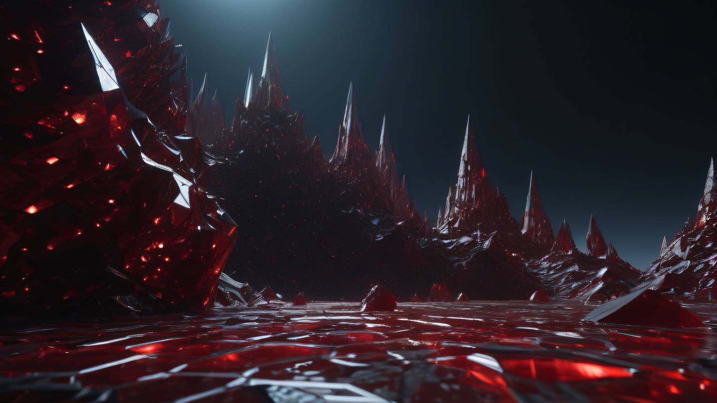 Geometric landscape of data structures with blood red crystalline formations rising from a dark surface reflecting light shot from ground level with dramatic perspective high-quality ultra-realistic cinematic 8K UHD high resolution sharp and detail