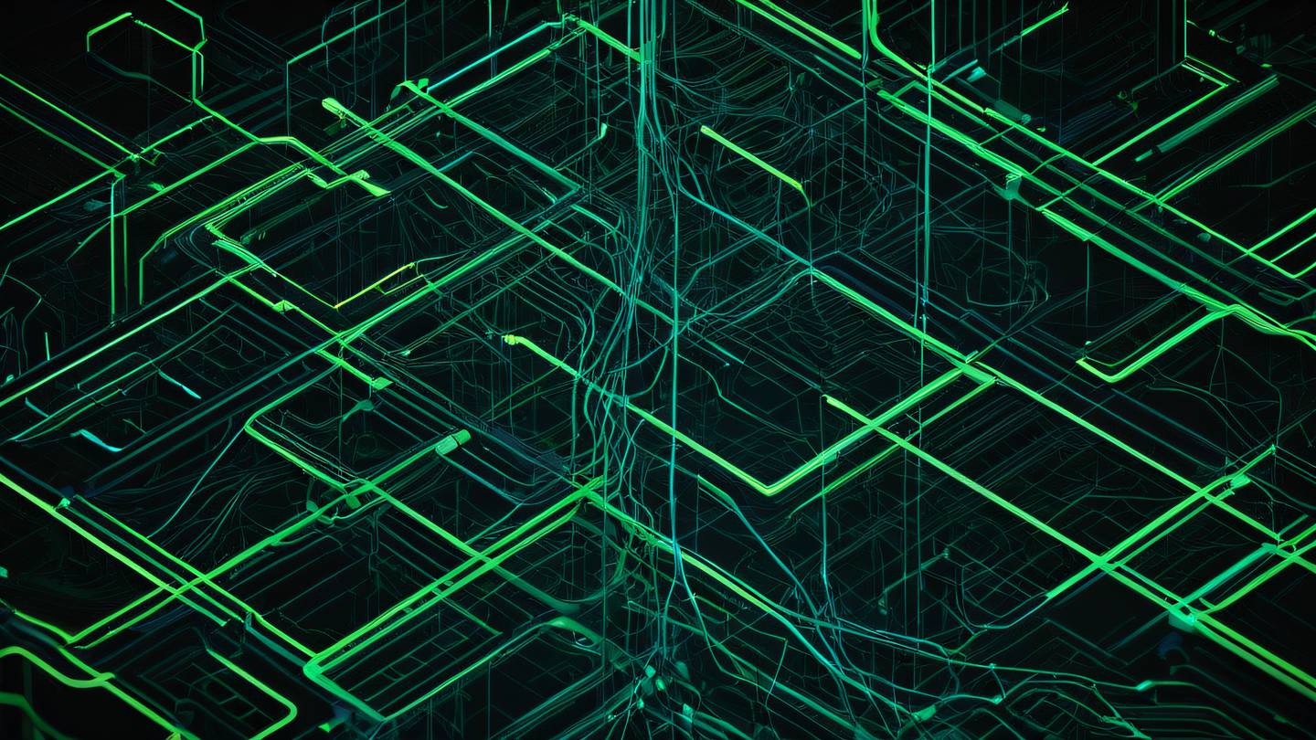 An abstract geometric pattern representing data flow and state management featuring interconnected nodes and flowing lines in bright cyan and electric green colors against a pure black background captured from a top-down perspective high-quality ultra-realistic cinematic 8K UHD high resolution sharp and detail