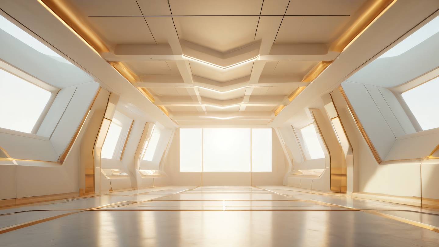 Abstract futuristic interior with floating geometric shapes clean lines and open space. Bright golden sunlight streaming through large windows. Color palette: warm whites soft beiges and touches of amber gold. Shot from a low angle perspective looking upward to emphasize scale and floating elements high-quality ultra-realistic cinematic 8K UHD high resolution sharp and detail