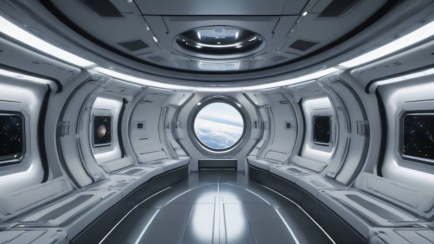 Modern space station interior with sleek metallic surfaces and orbital window views. Color palette: brushed aluminum silvers cool greys and stark whites. Shot from a wide-angle perspective showing the curved architecture high-quality ultra-realistic cinematic 8K UHD high resolution sharp and detail
