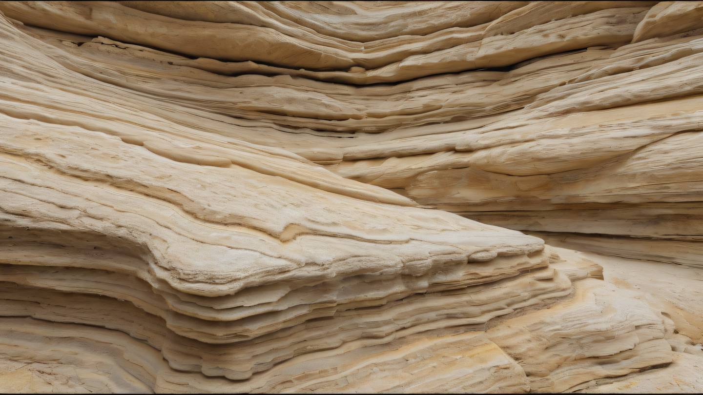 Abstract stone texture formation with intricate layers and natural patterns. Color palette: earthy beiges warm sandstone yellows and natural limestone whites. Photographed from a macro close-up angle to show texturing detail high-quality ultra-realistic cinematic 8K UHD high resolution sharp and detail