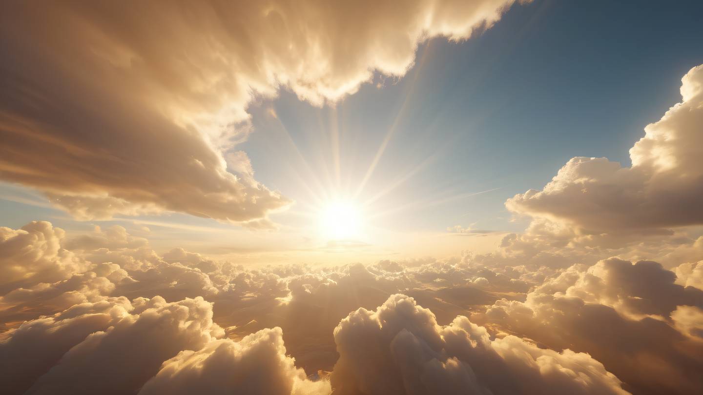 A serene abstract composition of geometric shapes floating in space featuring warm golden rays piercing through layers of cream-colored clouds captured from a low angle perspective high-quality ultra-realistic cinematic 8K UHD high resolution sharp and detail