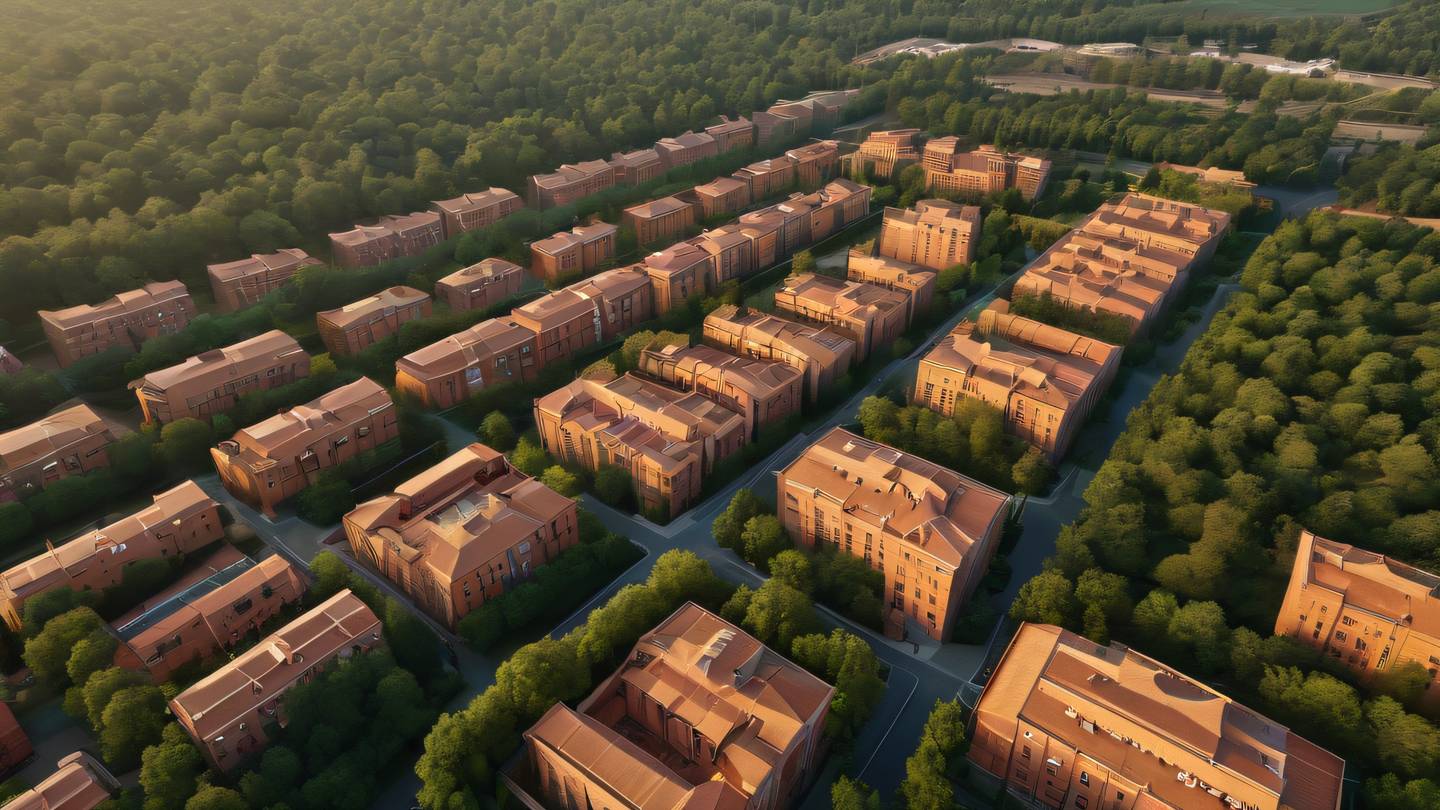 Aerial view of a modern cityscape with geometric patterns and lines showcasing rustic terracotta buildings against forest green parks photographed during golden hour high-quality ultra-realistic cinematic 8K UHD high resolution sharp and detail