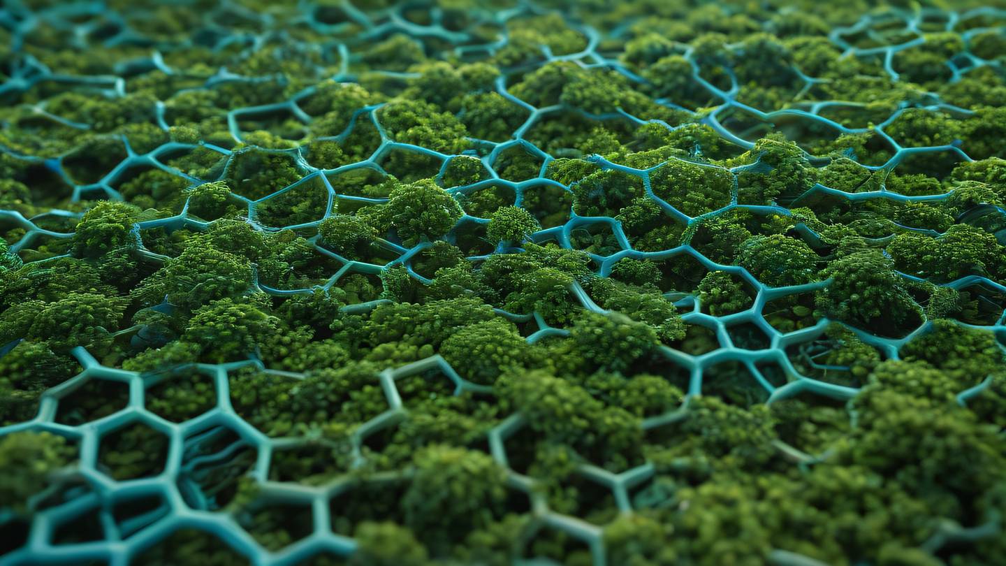 Geometric patterns forming interconnected nodes turquoise blue and fresh moss colors abstract representation of state management captured from a 45-degree angle high-quality ultra-realistic cinematic 8K UHD high resolution sharp and detail