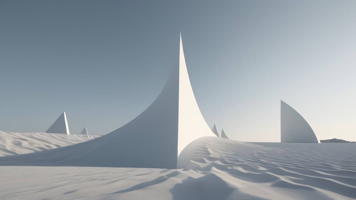 Minimalist abstract landscape with rolling geometric shapes in soft greys and crisp whites gentle shadows creating depth. Shot from a low angle perspective emphasizing monumentality. high-quality ultra-realistic cinematic 8K UHD high resolution sharp and detail