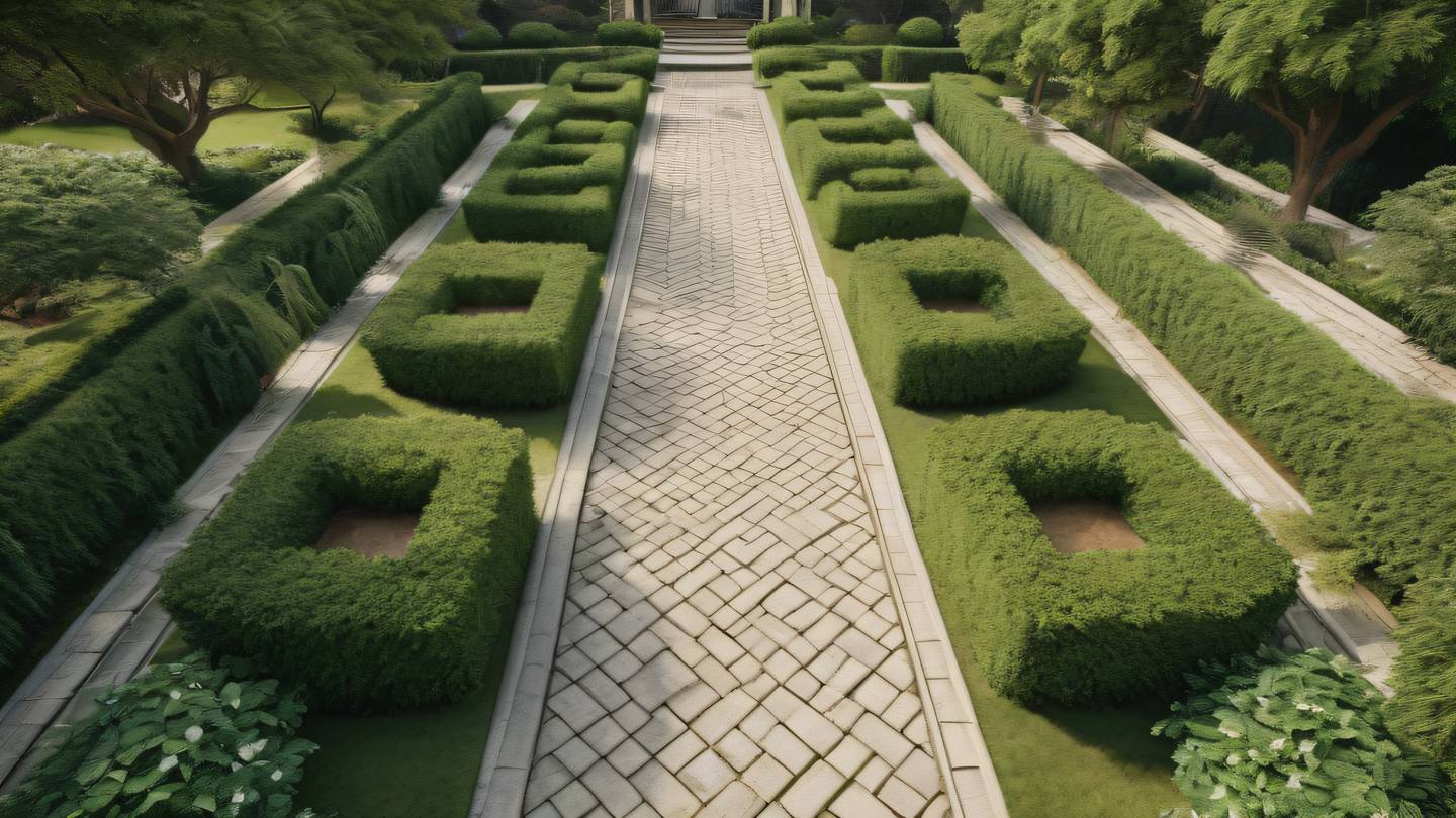 Serene botanical garden scene with structured pathways and clean lines featuring natural greens and warm earth tones against off-white stone elements. Photographed from a drone perspective showing geometric patterns. high-quality ultra-realistic cinematic 8K UHD high resolution sharp and detail
