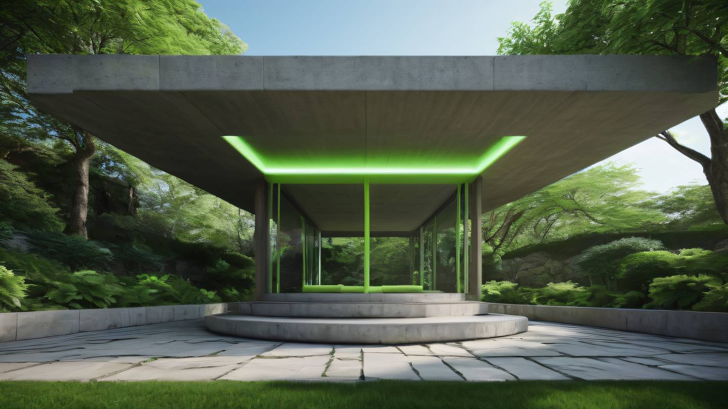 Modern abstract garden pavilion with clean architectural lines featuring bright neon green structural elements against natural stone textures. Shot from a dramatic upward angle perspective. high-quality ultra-realistic cinematic 8K UHD high resolution sharp and detail