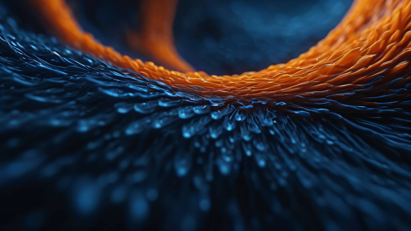 Organic flowing textures in bright orange and deep blue creating a contrast of light and dark elements captured from a close-up macro perspective high-quality ultra-realistic cinematic 8K UHD high resolution sharp and detail