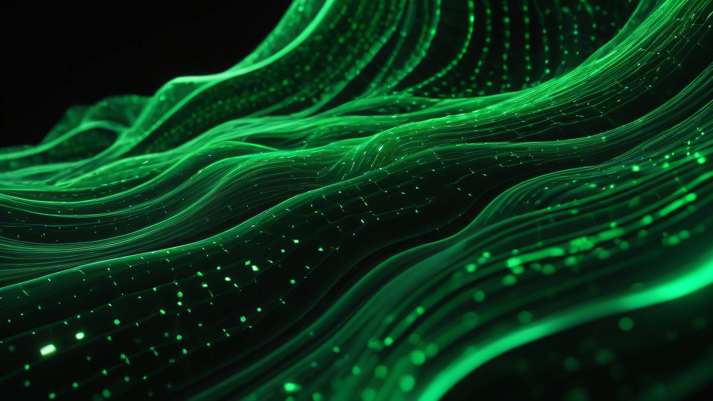 Abstract flowing patterns representing data transformation featuring bright green crystalline structures against black background side angle view high-quality ultra-realistic cinematic 8K UHD high resolution sharp and detail