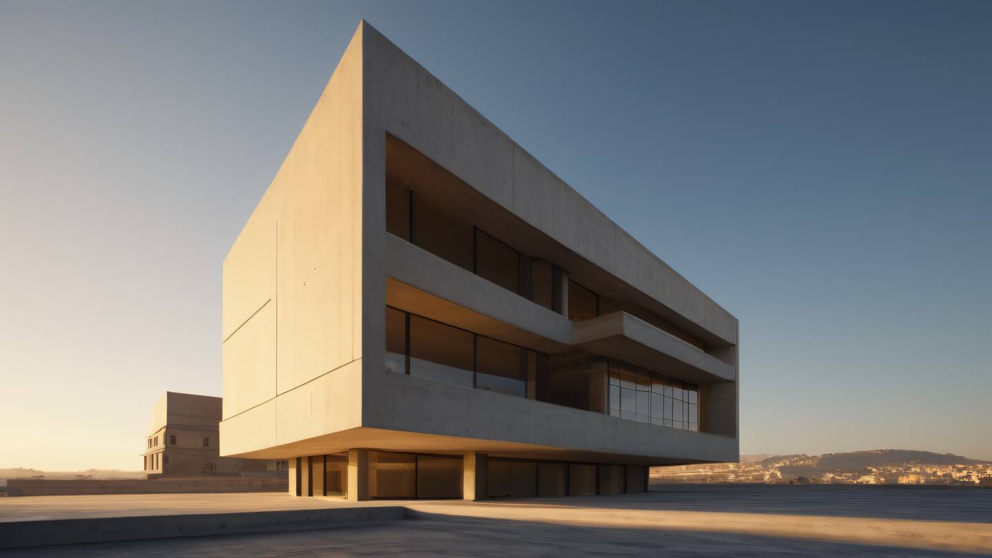 Minimalist modern concrete building with floating geometric shapes featuring sharp angles and clean lines bathed in warm golden sunlight ultra-realistic cinematic lighting 8K UHD high resolution shot from low angle perspective with dramatic shadows