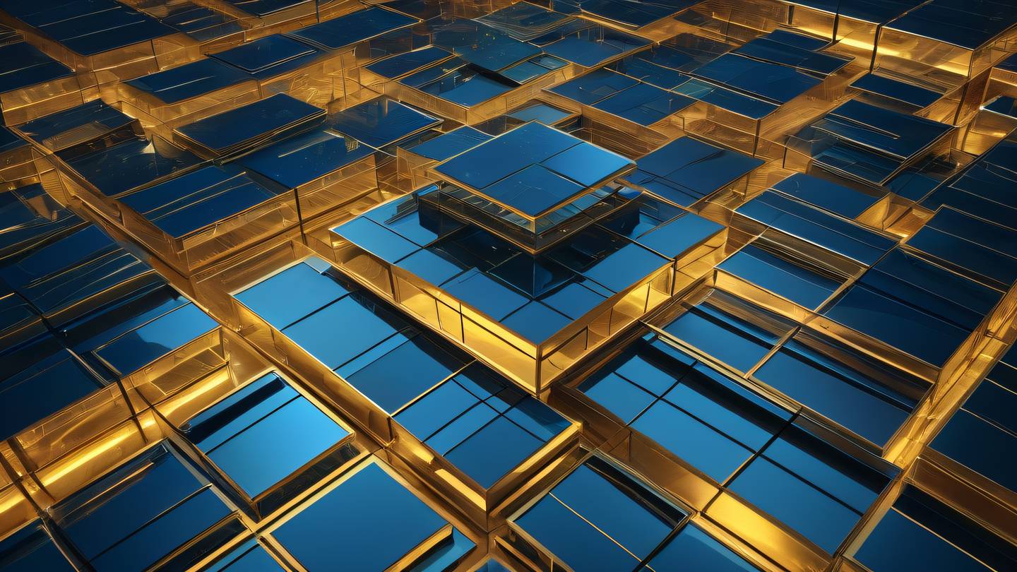 Abstract architectural space with floating geometric panels in iridescent blue and gold tones crystalline surfaces reflecting light ultra-realistic cinematic 8K UHD high resolution captured from a bird's eye view