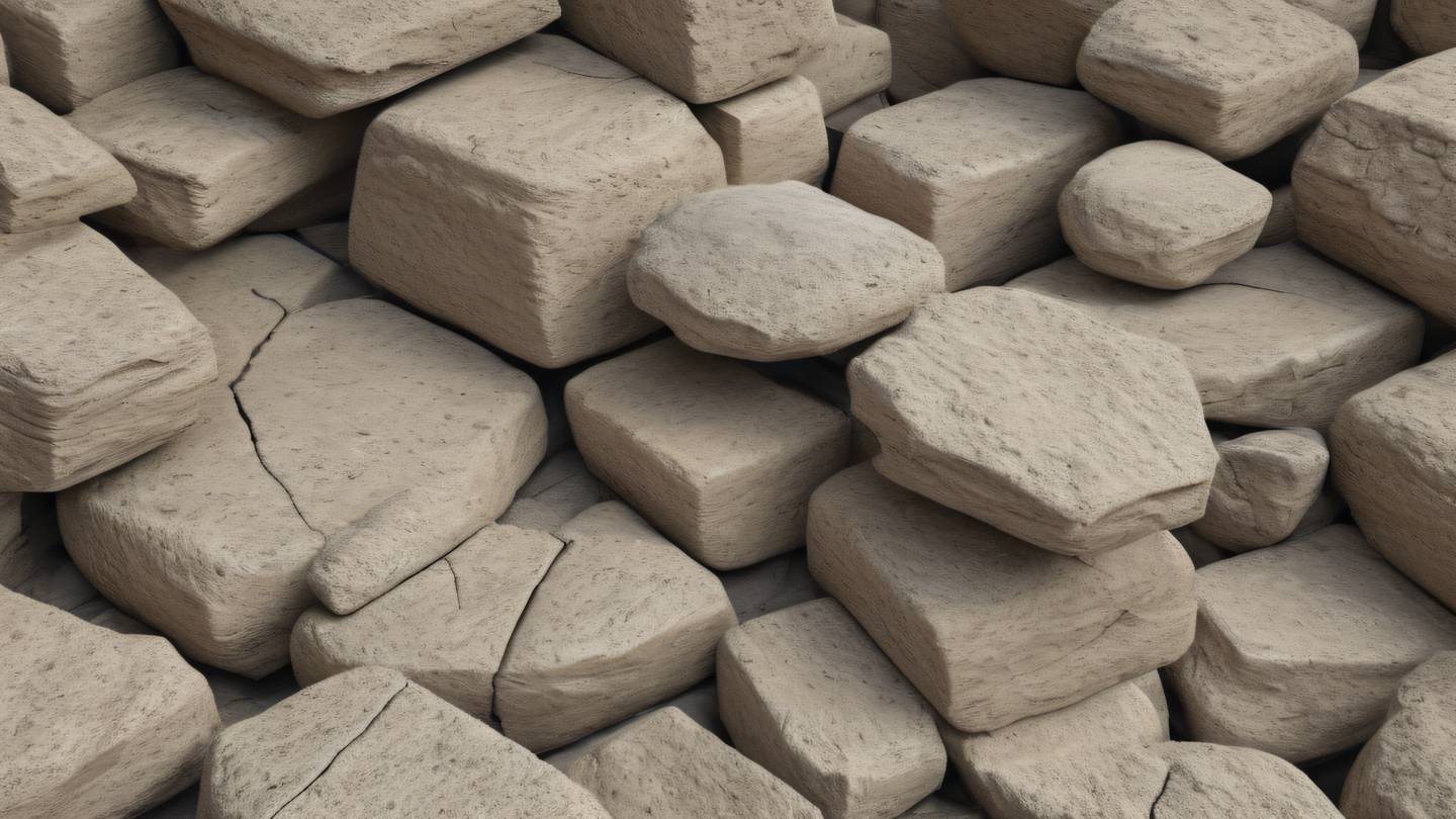 Geometric stone formations in neutral tones of beige and gray naturally stacked in perfect harmony sharp textures and detailed surface patterns ultra-realistic cinematic 8K UHD high resolution photographed from a diagonal angle