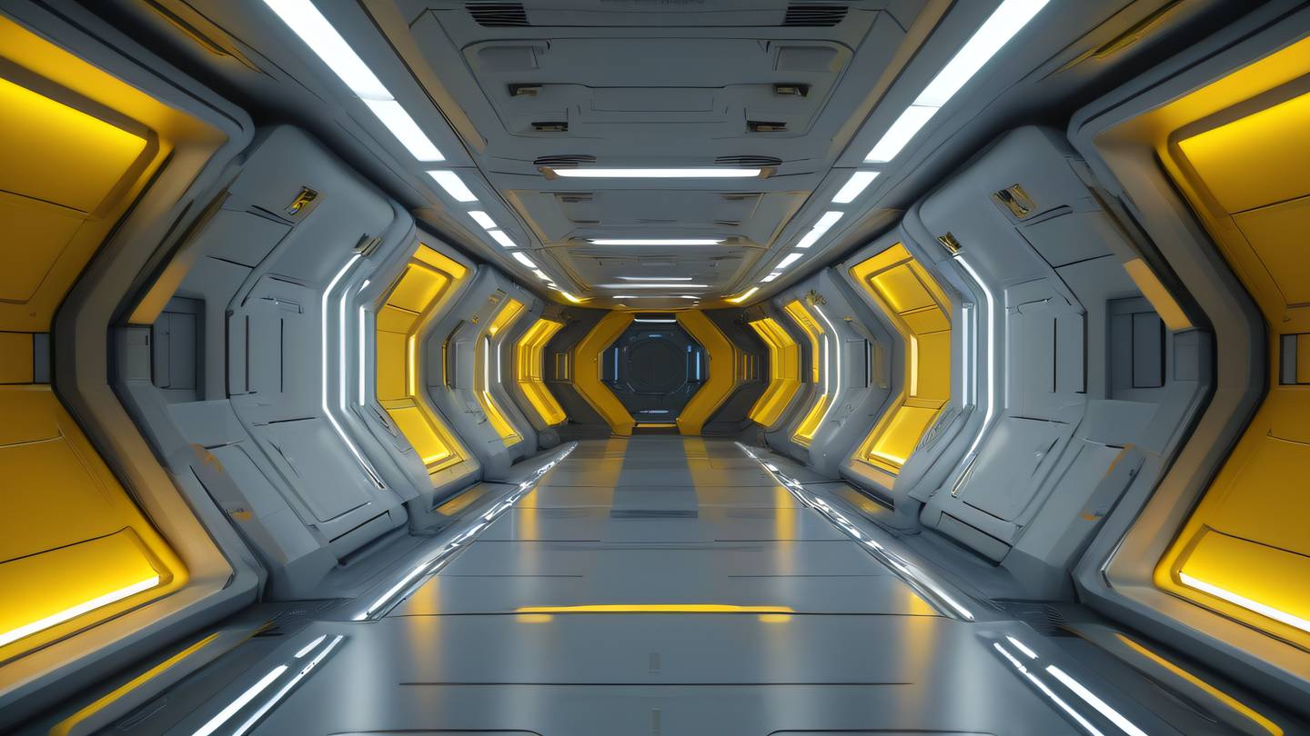 Futuristic spacecraft interior corridor with sleek metallic surfaces in bright yellow and silver tones featuring clean lines and ambient lighting ultra-realistic cinematic 8K UHD high resolution captured from a central perspective down the hallway