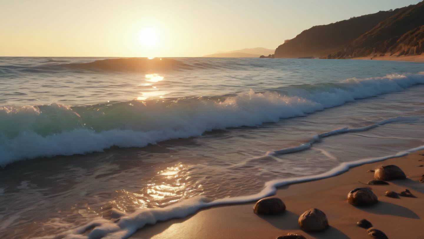 A peaceful scene of ocean waves rolling onto a pristine beach with bright iron and walnut colors in the sand and rocks photographed from a side angle during golden hour high-quality ultra-realistic cinematic 8K UHD high resolution sharp and detail