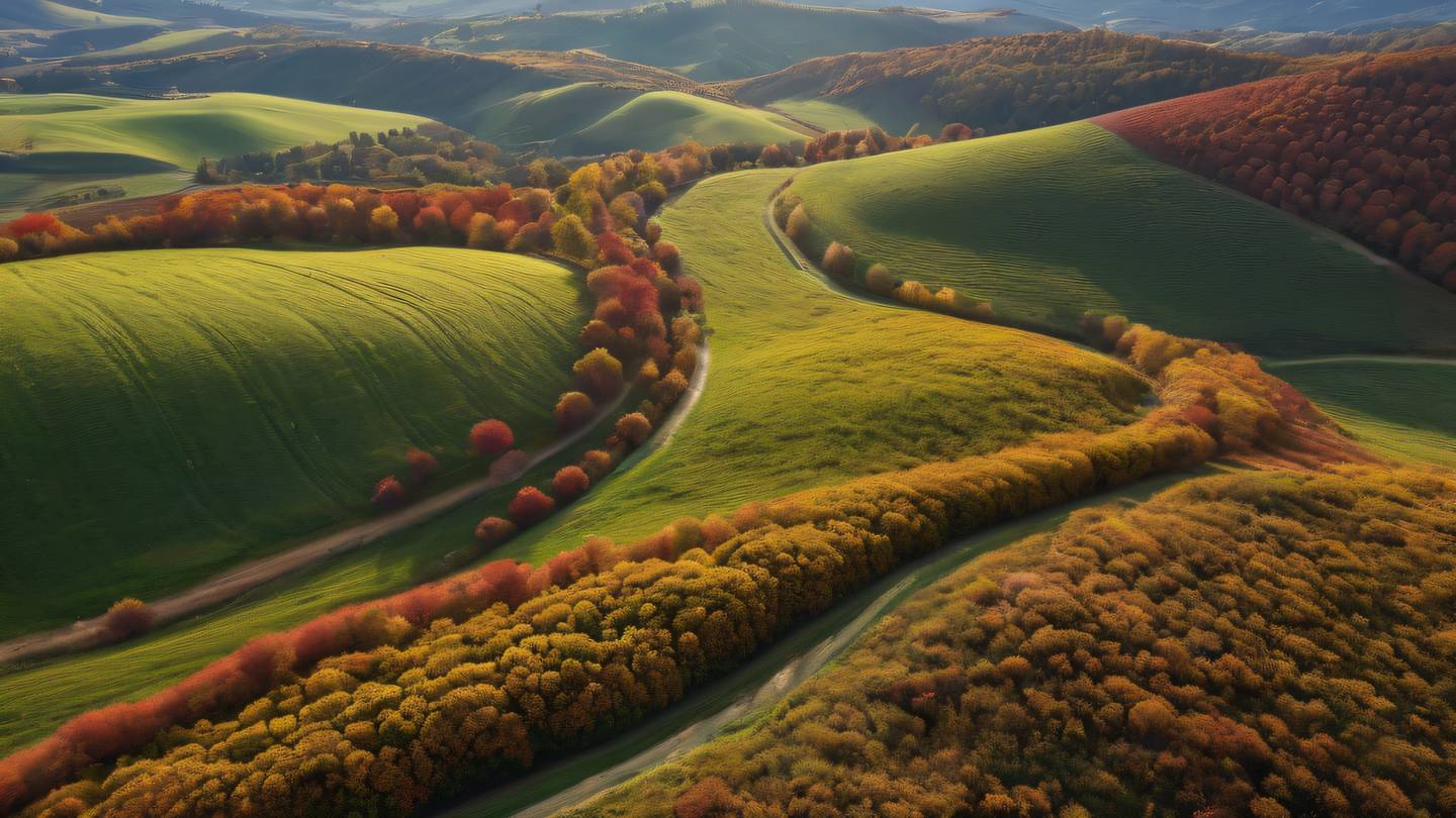 A majestic landscape of rolling hills covered in grapeseed-colored wildflowers and bright red autumn trees photographed from a drone perspective looking down at the winding paths high-quality ultra-realistic cinematic 8K UHD high resolution sharp and detail