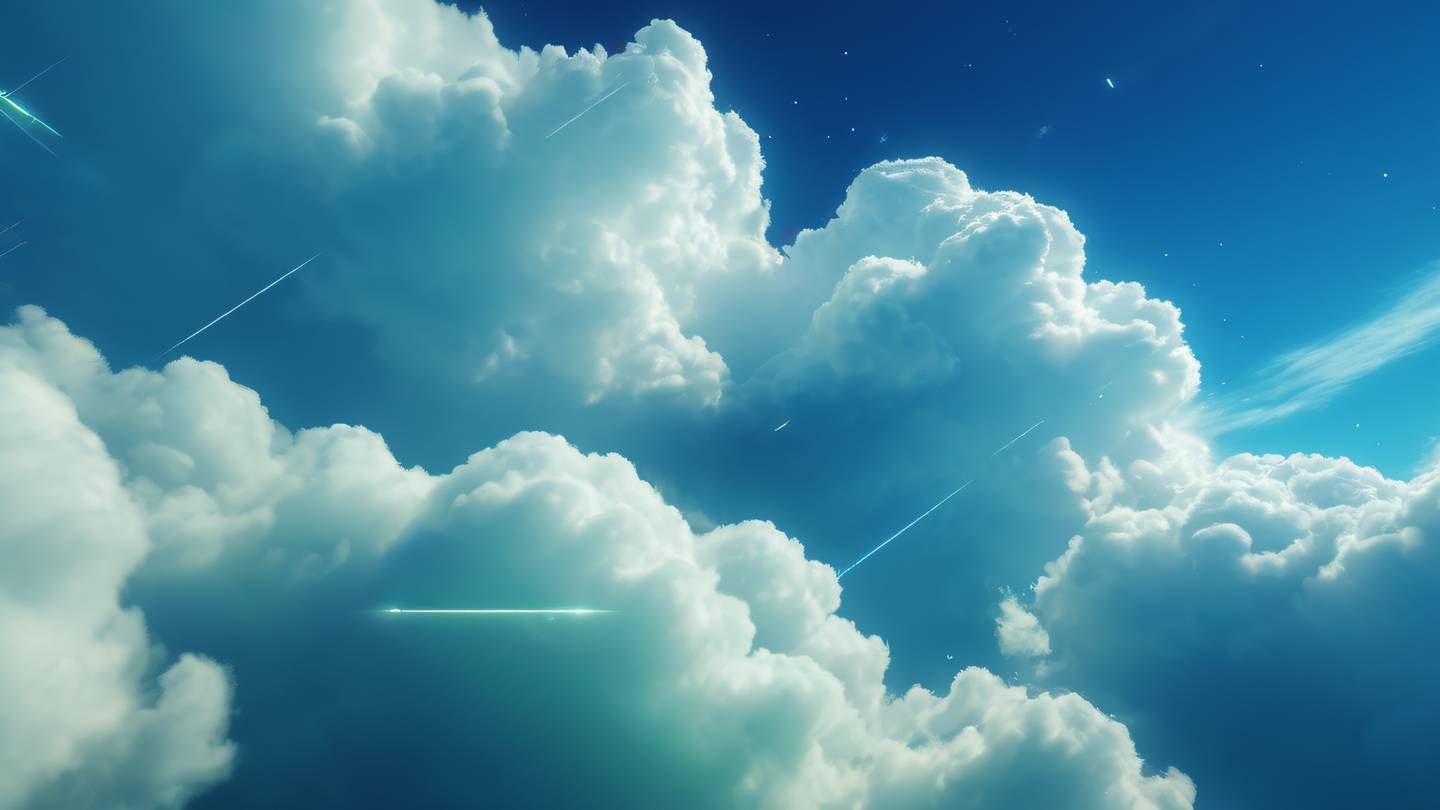Cloud formations in an abstract pattern with geometric shapes floating through them dominated by sapphire blue and fluorescent green colors captured from a slight low angle perspective high-quality ultra-realistic cinematic 8K UHD high resolution sharp and detail
