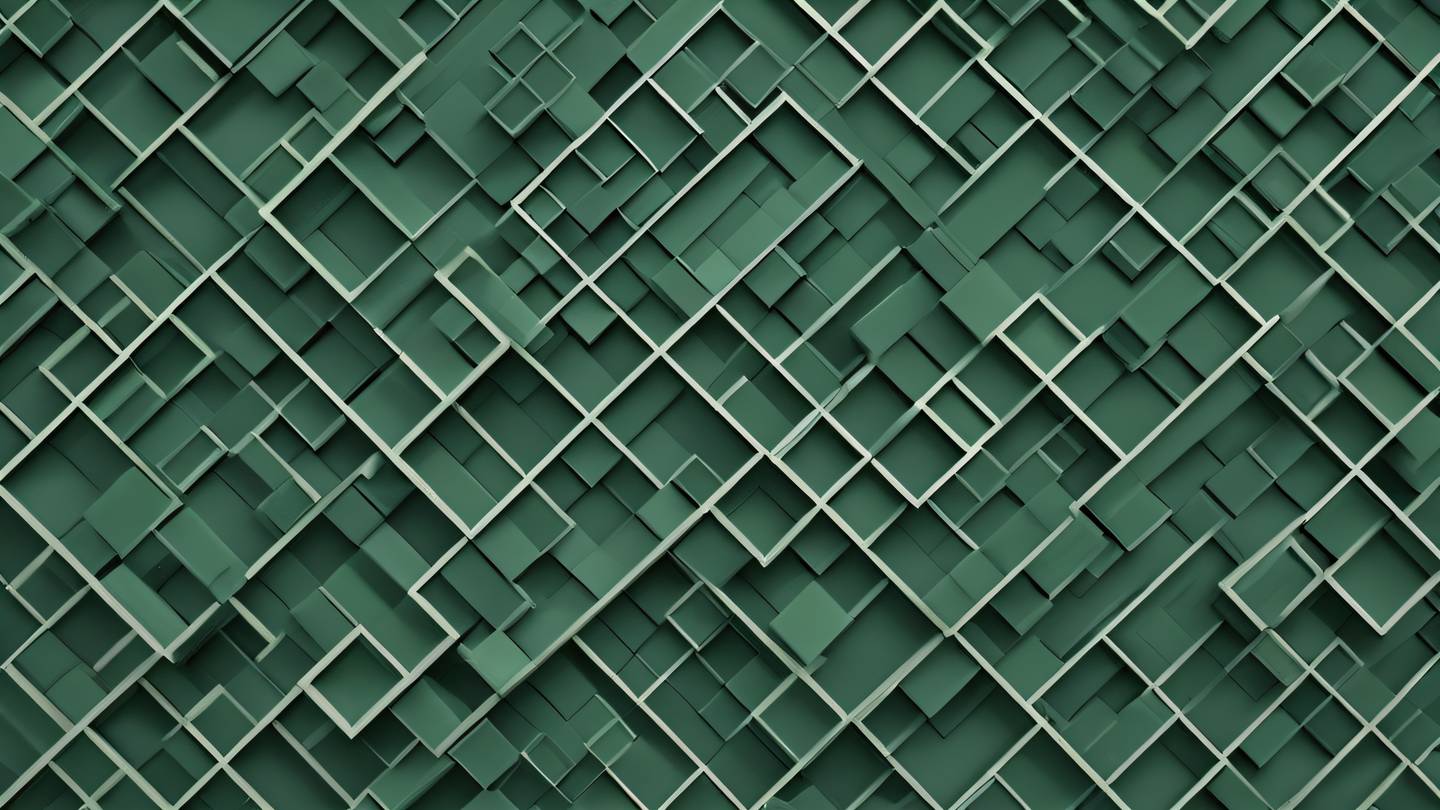 Geometric abstract composition featuring interconnected squares and rectangles in sage and pine green tones arranged in a grid-like pattern photographed from a 45-degree angle high-quality ultra-realistic cinematic 8K UHD high resolution sharp and detail