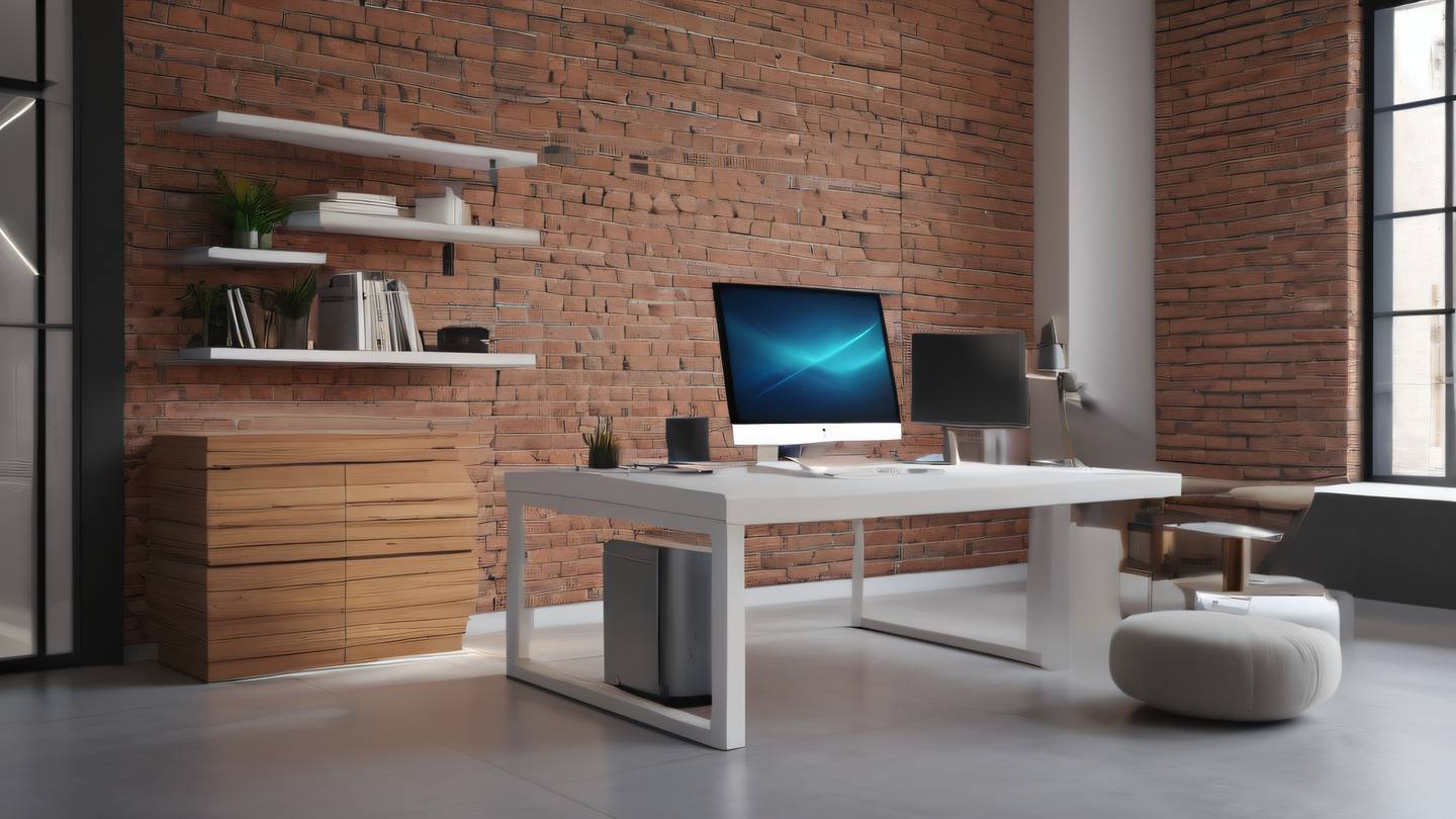 Modern minimalist tech workspace setup with clean lines and geometric patterns featuring sleek furniture and ambient lighting shot from 45-degree angle color palette: sun-washed brick and breezeway high-quality ultra-realistic cinematic 8K UHD high resolution sharp and detail