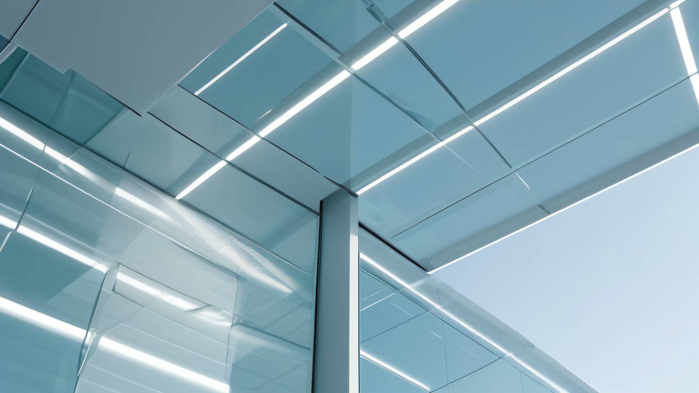 Futuristic architectural detail featuring clean lines and geometric patterns low-angle perspective color palette: etched glass and whisper white high-quality ultra-realistic cinematic 8K UHD high resolution sharp and detail
