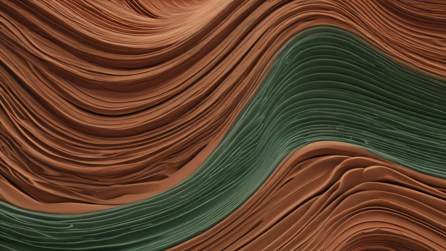 Abstract representation of waves and patterns symbolizing code flow and organization in rustic terracotta and forest green colors. Captured from a close-up macro perspective. high-quality ultra-realistic cinematic 8K UHD high resolution sharp and detail