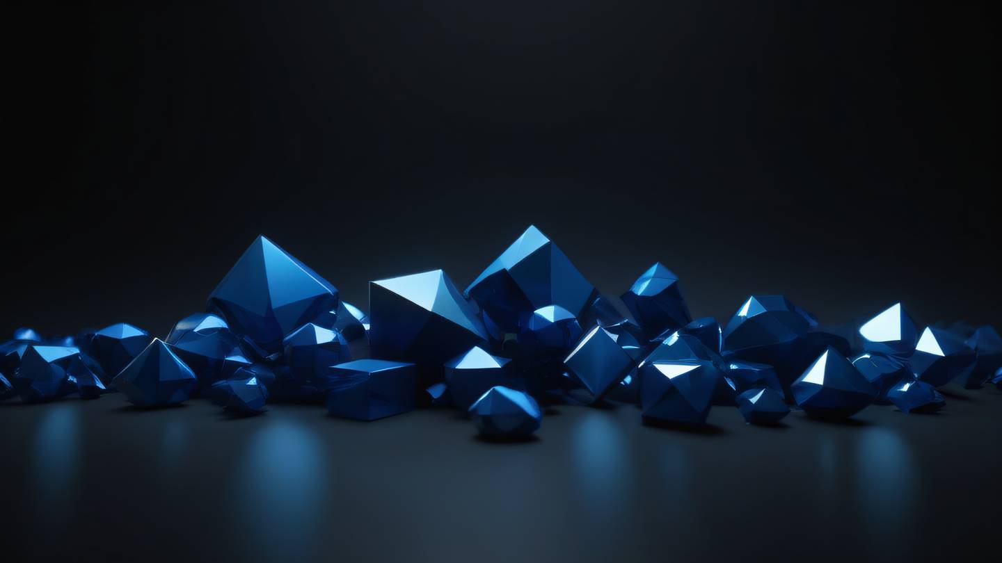 Abstract minimalist composition with sapphire blue geometric shapes floating against a black background clean lines and sharp edges cinematic lighting 8K resolution dramatic side angle view ultra-realistic details