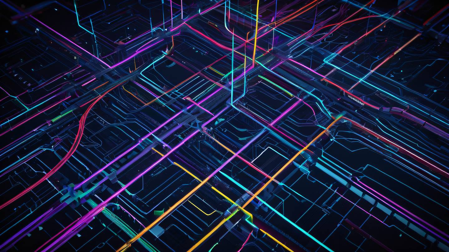 Aerial view of interconnected neon colored lines forming a complex network pattern against dark background resembling circuit paths high-quality rendering ultra-realistic 8K UHD sharp details top-down perspective