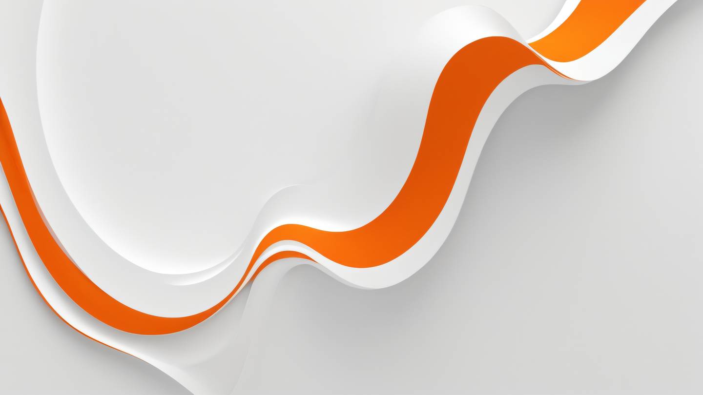 A minimalist abstract composition featuring flowing geometric shapes and curved lines rendered in bright white and deep orange tones against a clean background. Shot from top-down perspective emphasizing the interplay of light and shadow. high-quality ultra-realistic cinematic 8K UHD high resolution sharp and detail