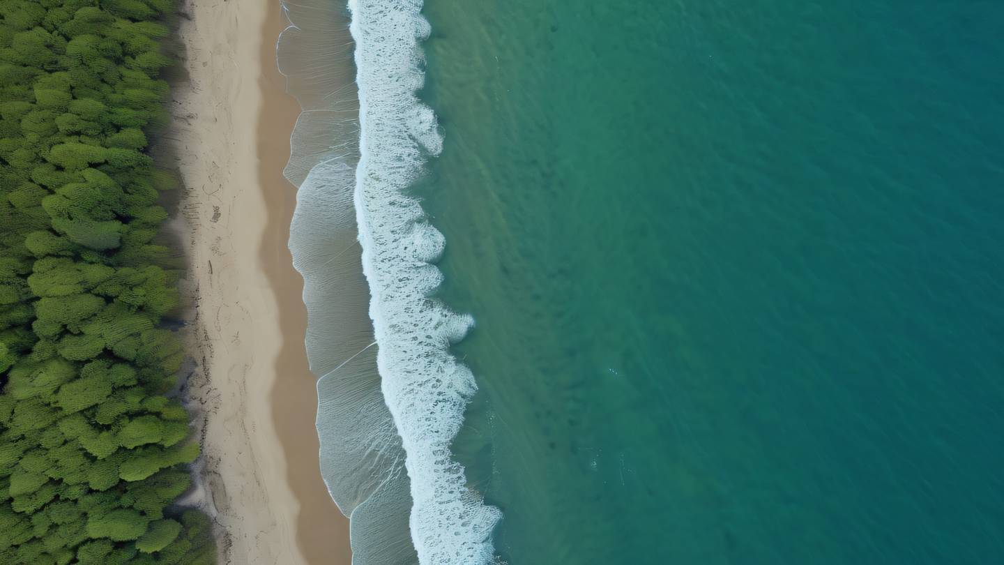 Abstract aerial view of flowing water meeting sandy beach with turquoise blue water gradually transitioning to fresh moss green patterns. Captured from drone perspective showing natural patterns and textures. high-quality ultra-realistic cinematic 8K UHD high resolution sharp and detail