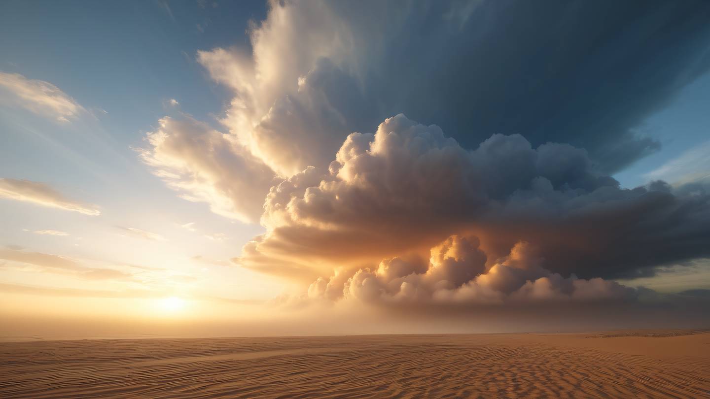 Ethereal cloud formations with streaming rays of October mist and warm sand colors viewed from ground level perspective looking upward. Dramatic lighting effects creating natural patterns. high-quality ultra-realistic cinematic 8K UHD high resolution sharp and detail
