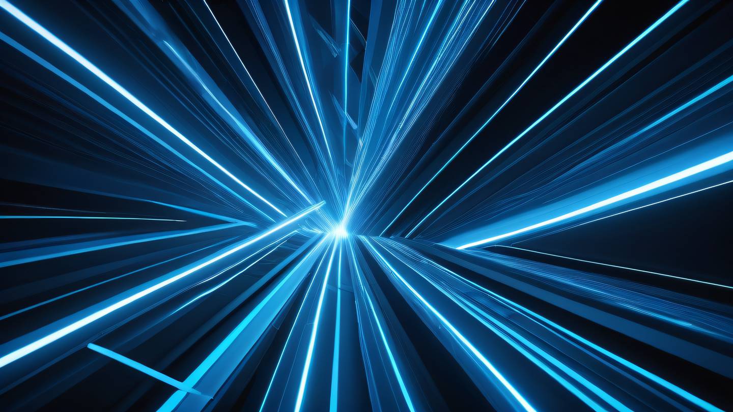 Dynamic composition of intersecting light beams and geometric shapes in bright blue and black creating a sense of depth and movement. Shot from a 45-degree angle perspective emphasizing dimensional layers. high-quality ultra-realistic cinematic 8K UHD high resolution sharp and detail