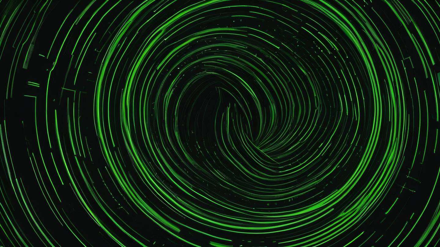 Abstract flowing lines representing code organization and structure featuring bright green circular patterns against black background viewed from top-down perspective brush stroke texture high-quality ultra-realistic cinematic 8K UHD high resolution sharp and detail