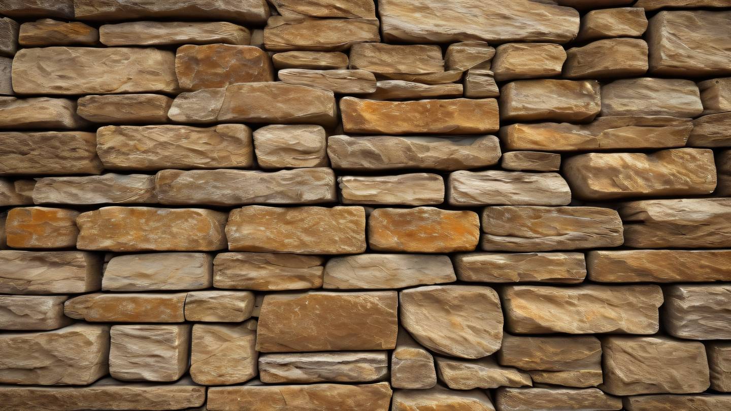 Natural stone wall texture with intricate patterns in warm amber and golden tones shot from a straight-on close-up perspective high-quality ultra-realistic cinematic 8K UHD high resolution sharp and detail