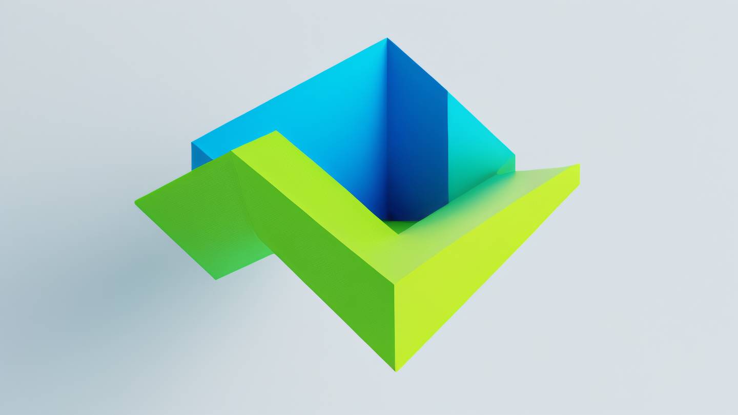 A minimalist abstract geometric composition with flowing shapes and gradients featuring bright lime green and electric blue colors transitioning smoothly between forms shot from top-down perspective high-quality ultra-realistic cinematic 8K UHD high resolution sharp and detail