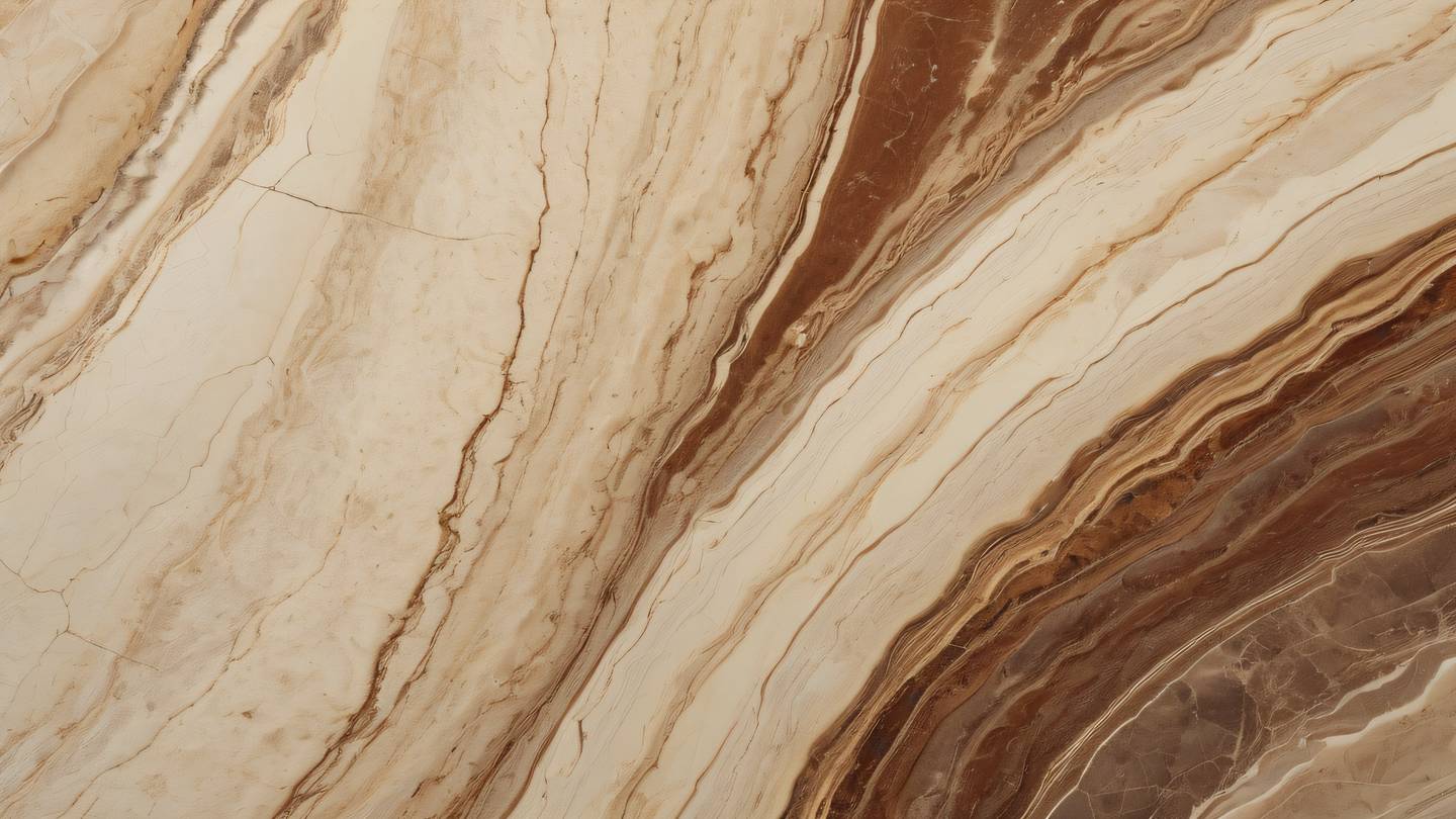 Smooth polished stone texture with natural veining patterns. Colors: Warm cream rich mahogany brown and golden highlights. Close-up detailed shot at 45-degree angle ultra-realistic cinematic 8K UHD high resolution sharp and detailed