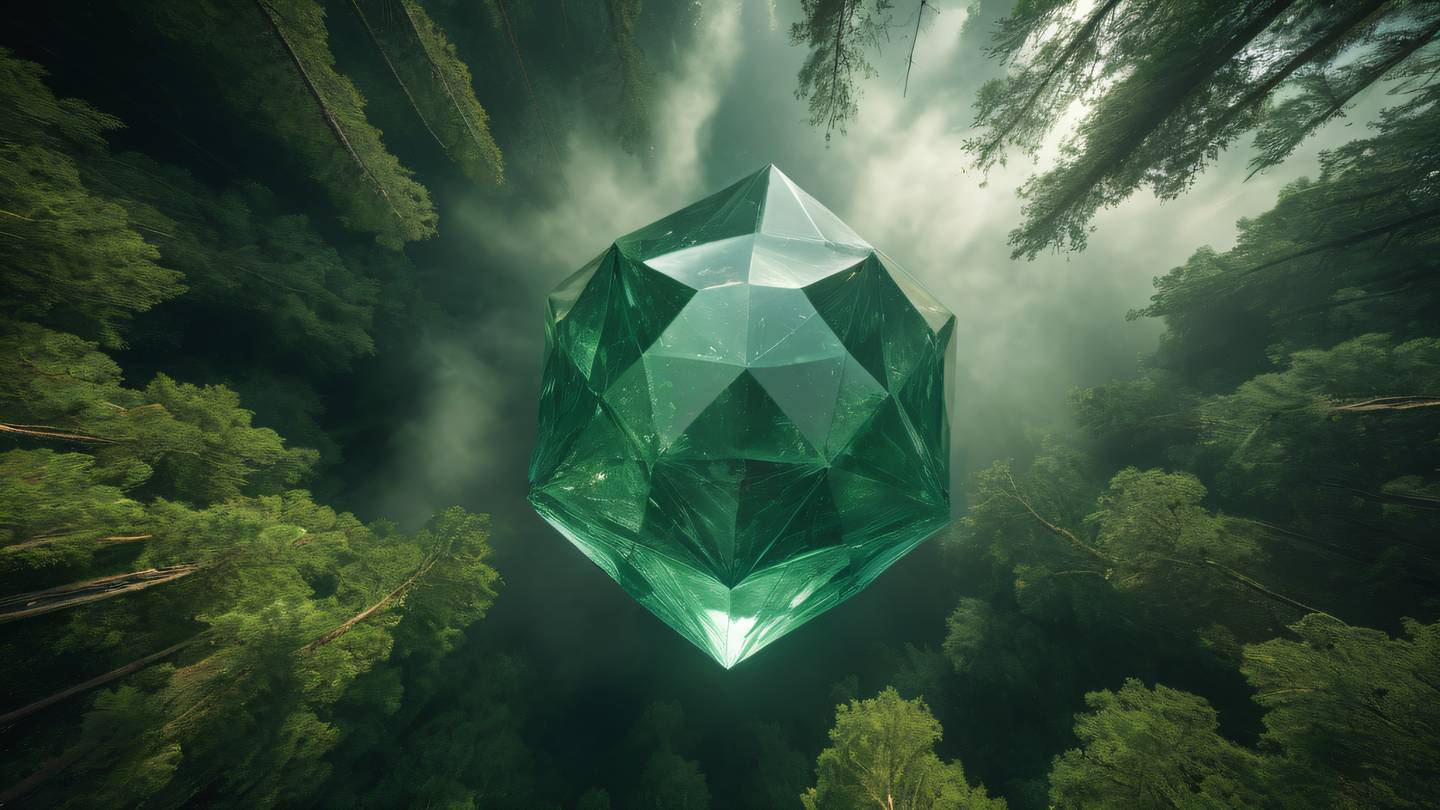A floating geometric crystal structure with sharp edges casting shadows surrounded by swirling nebulous clouds in forest green and gold tones dramatic lighting from above shot from a low angle perspective with ultra-wide lens high-quality ultra-realistic cinematic 8K UHD high resolution sharp and detail