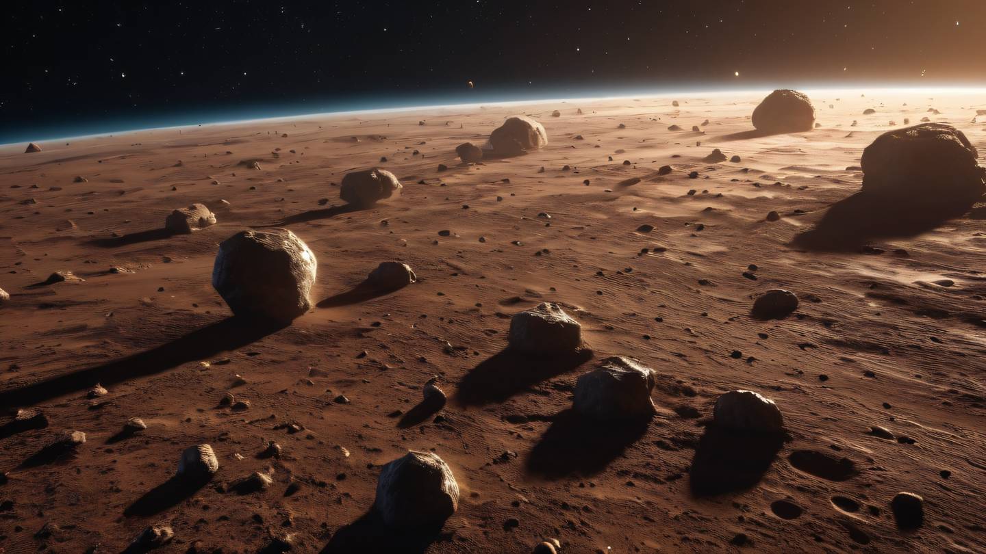 Cosmic scene with asteroids floating in space illuminated by warm light rays in clay tones and bronze hues showing depth and dimension captured from dynamic diagonal angle high-quality ultra-realistic cinematic 8K UHD high resolution sharp and detail