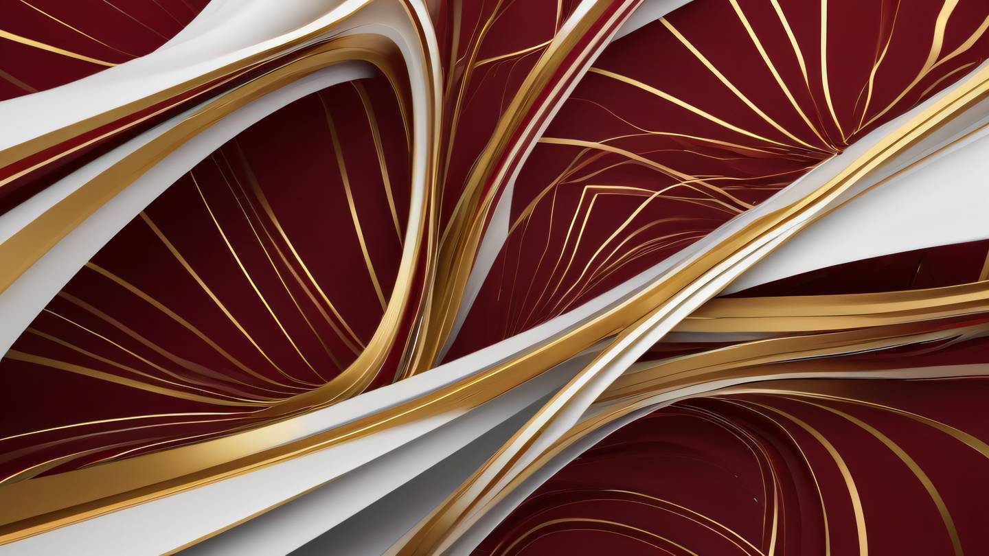 Abstract geometric shapes flowing in a dynamic pattern featuring bright white and gold elements against a deep red background sharp clean lines suggesting data flow and connectivity shot from top-down perspective high-quality ultra-realistic cinematic 8K UHD high resolution sharp and detail