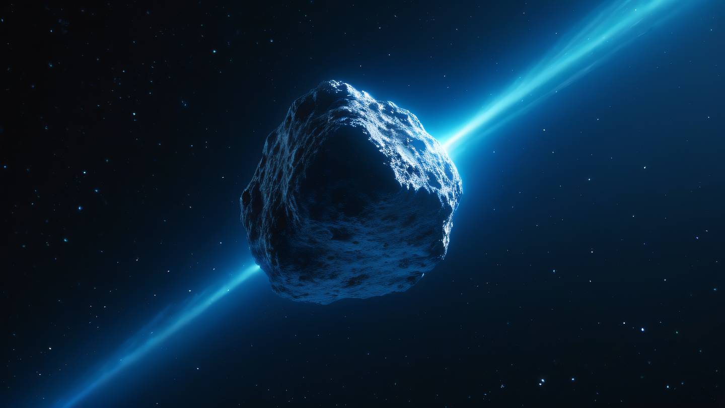 A close-up view of a glowing neon blue asteroid floating in space with streaks of energy flowing around it captured from a low angle perspective high-quality ultra-realistic cinematic 8K UHD high resolution sharp and detail