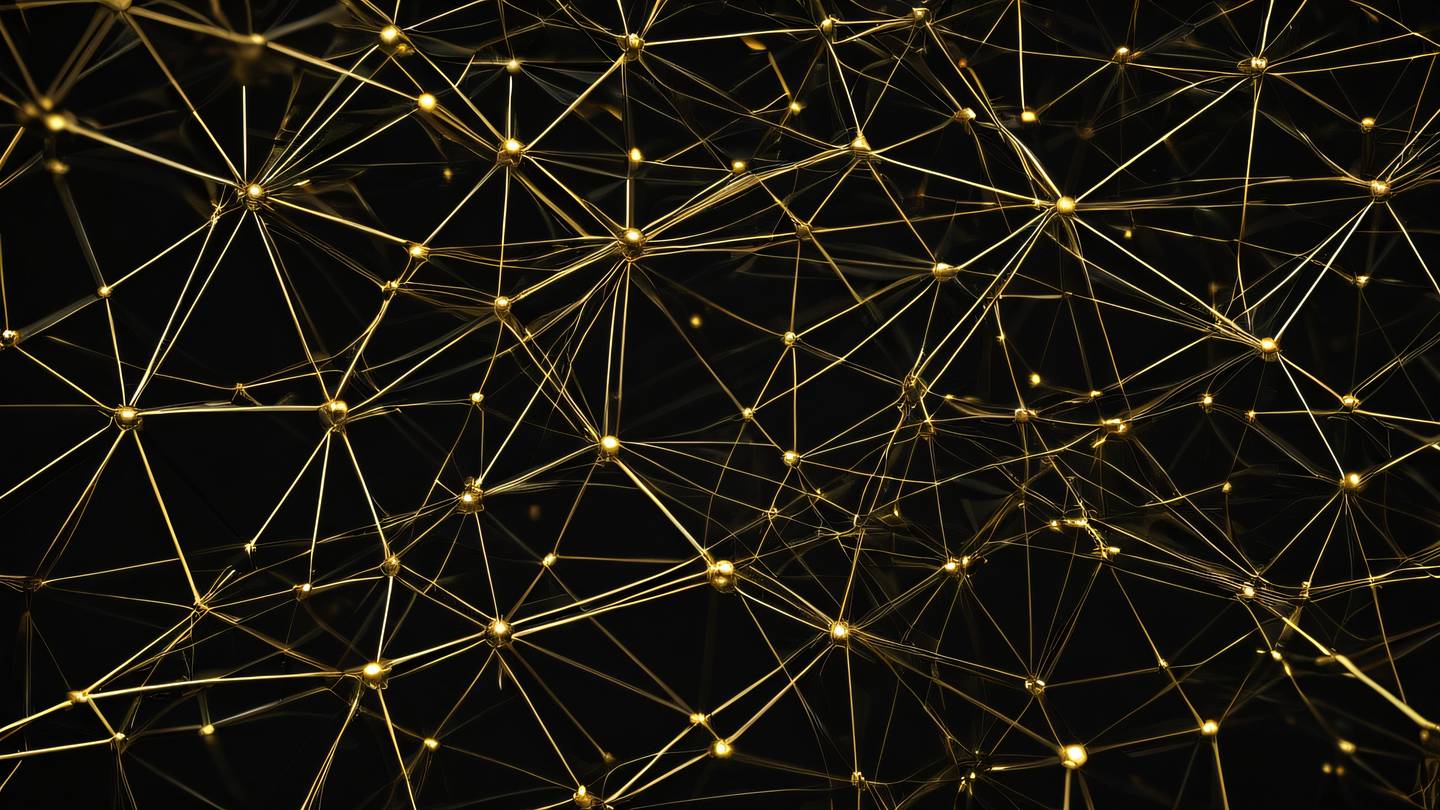 An abstract geometric pattern of interconnected golden lines and nodes forming a network structure against a black background shot from top-down perspective high-quality ultra-realistic cinematic 8K UHD high resolution sharp and detail
