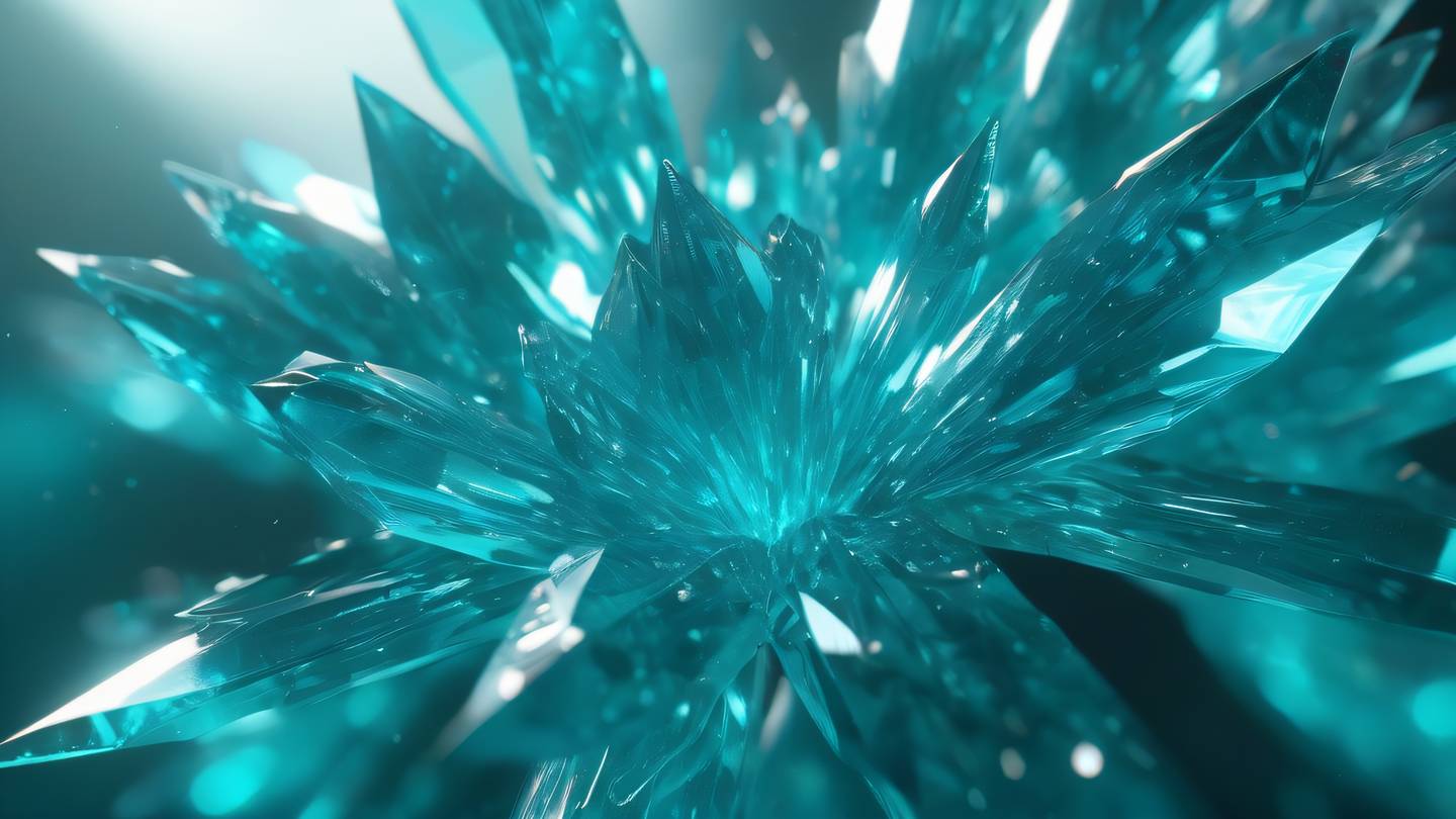Holographic crystal formations growing and intersecting in mid-air with bright teal and cyan reflections captured from a Dutch angle high-quality ultra-realistic cinematic 8K UHD high resolution sharp and detail