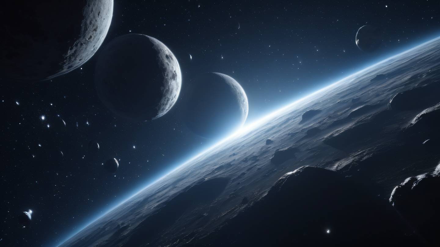 A white and silver asteroid belt stretching across infinite space with bright stars in the background shot from a wide-angle perspective high-quality ultra-realistic cinematic 8K UHD high resolution sharp and detail