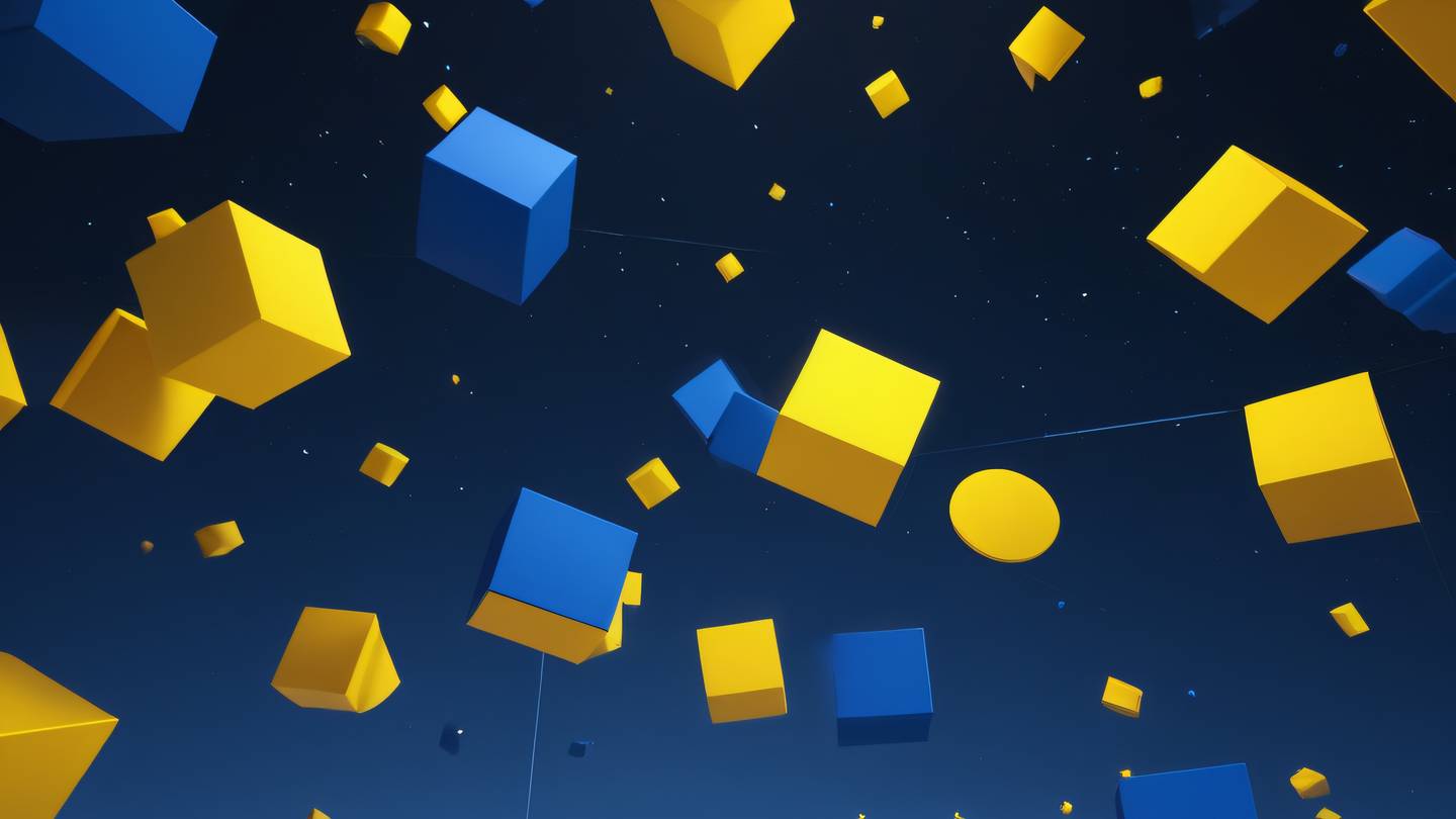 A minimalist abstract composition of interconnected geometric shapes floating in space featuring bright yellow and cobalt blue gradients viewed from a 45-degree angle perspective high-quality ultra-realistic cinematic 8K UHD high resolution sharp and detail