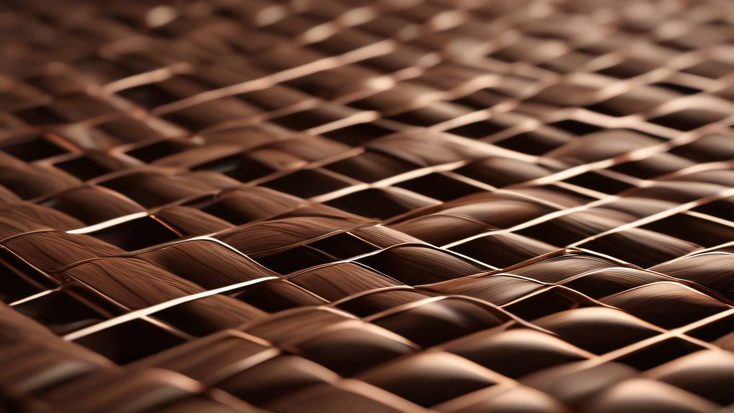 Geometric patterns flowing in structured grid formation brilliant walnut brown and copper tones interweaving captured from a side perspective with shallow depth of field high-quality ultra-realistic cinematic 8K UHD high resolution sharp and detail