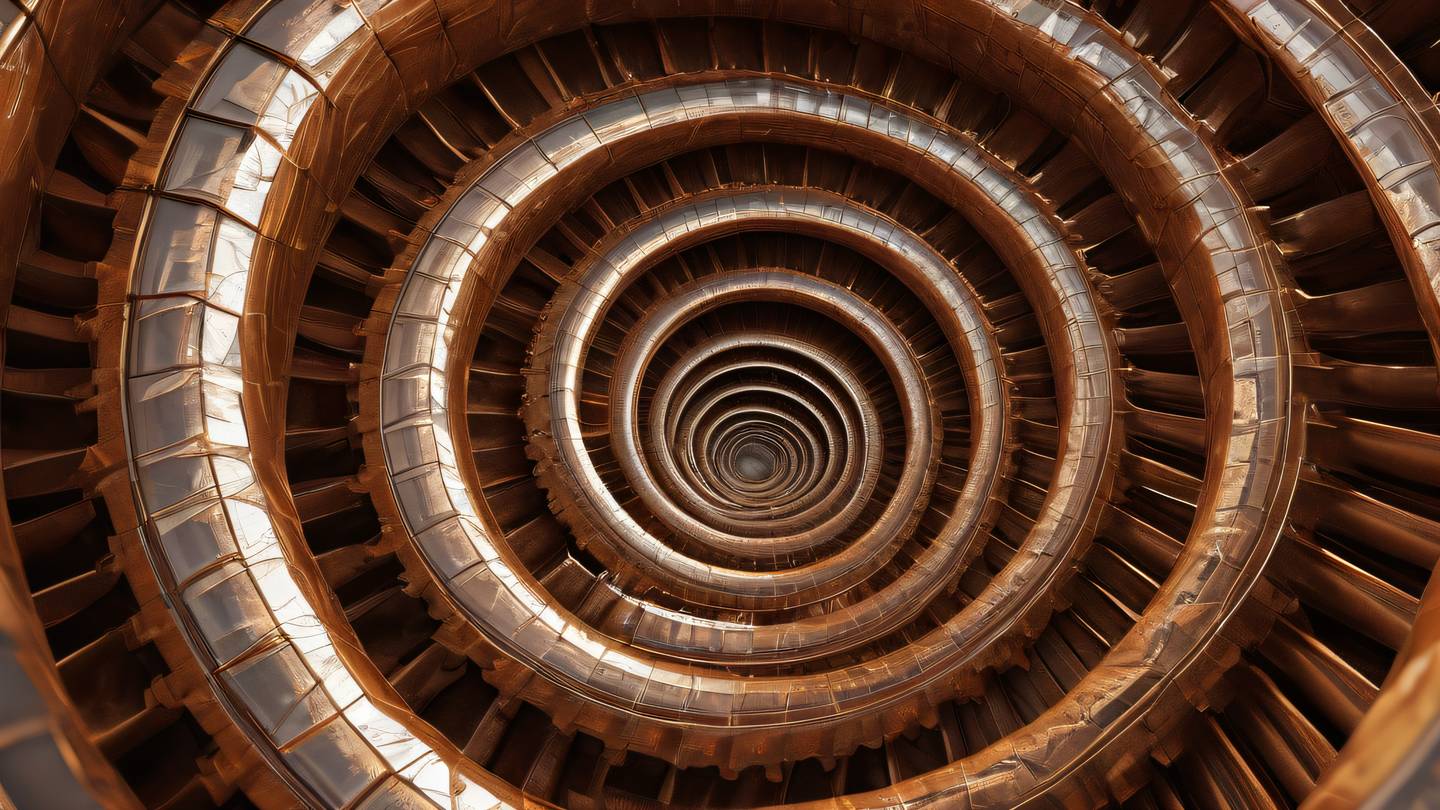 Abstract crystalline structures in bright umber and iron tones arranged in a spiral pattern photographed from a 45-degree angle with macro lens high-quality ultra-realistic cinematic 8K UHD high resolution sharp and detail